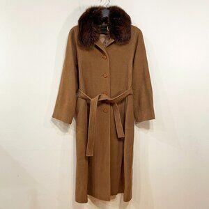 EUC Vintage 100% Wool Genuine Fur Collar Belted Coat Brown XS-S fit